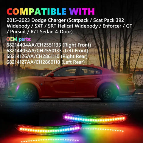 Dodge Charger with Dope RGB Full LED Side Marker Lights Kit, showcasing 4 modes and 16 colors, compatible with 2015-2023 models.