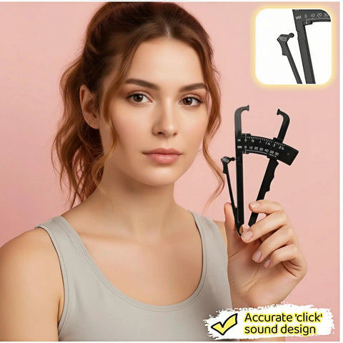 Ultra Accurate Body Fat Caliper With Dual Metric And Imperial Scales For Men And Women Portable Skinfold Tester For Home Gym Or Travel Easy Readout And Precise Millimeter Measurements For Real Progress woman holding black plastic caliper