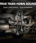 Badass 12V Dual Trumpet Air Horn Kit Includes Two Mini Compressors And Durable Hoses Ultra Loud Train Tone mounted under truck.