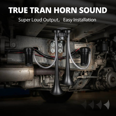 Badass 12V Dual Trumpet Air Horn Kit Includes Two Mini Compressors And Durable Hoses Ultra Loud Train Tone mounted under truck.