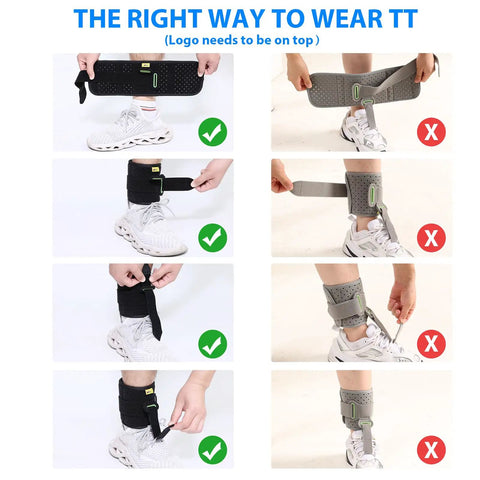 Guide on wearing Adjustable Drop Foot AFO Brace For Unisex Use, Right Or Left Foot Ortho; correct and incorrect steps shown