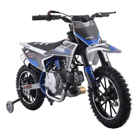 X-Pro Hawk 60cc Youth Dirt Bike In Pink featuring automatic CVT transmission, front rear disc brakes, and training wheels.