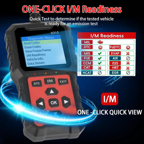 OBD2 Car Diagnostic Scanner with full read and clear codes displaying I/M readiness on screen