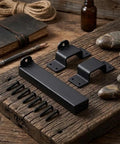 7.5-Inch Slide Bolt Gate Latch Padlockable 7.5-Inch Slide Bolt in black metal with screws on rustic wood background.