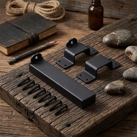 7.5-Inch Slide Bolt Gate Latch Padlockable 7.5-Inch Slide Bolt in black metal with screws on rustic wood background.