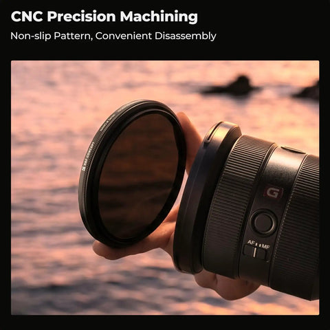 Hand adjusting Ultra Slim 67mm Variable ND Filter With 1 To 9 Stops ND2 To ND400, 18 Layer Coatings on camera lens at sunset