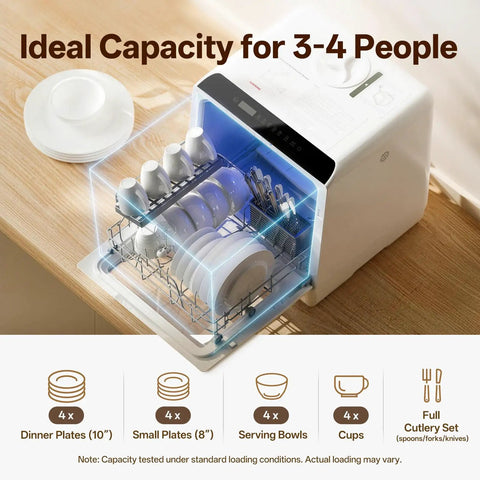 Nifty Portable Countertop Dishwasher For Tight Quarters holds four dinner plates, cups, bowls, and cutlery in a compact design.