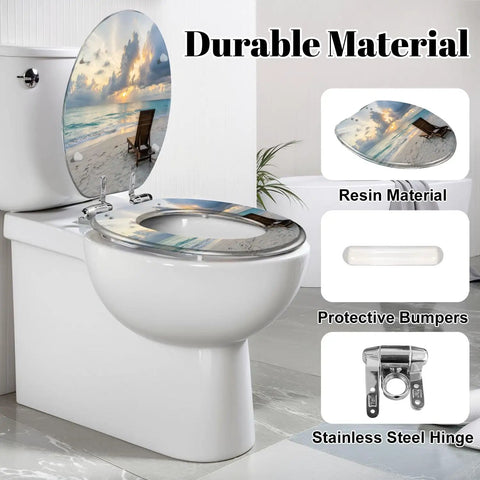 Elongated deck chair sandy beach waters edge seas Toilet Seat with ocean view, sturdy resin, and stainless steel hinge.