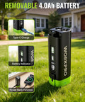 4.0Ah removable battery for 2-In-1 Cordless Hedge Trimmer And Grass Cutter, showcasing Type-C cable and power bank feature.