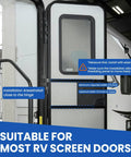 Two In One RV Screen Door Handle And Closer With Adjustable Tension No Fuss Easy Install Aluminum Push Pull Bar Works With Most RVs Campers Travel Trailers Silver Finish installed on RV door