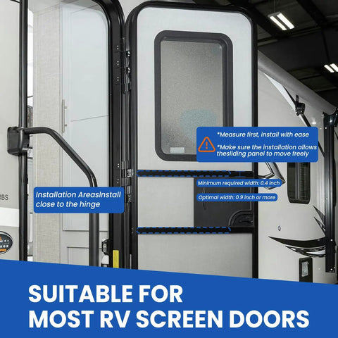 Two In One RV Screen Door Handle And Closer With Adjustable Tension No Fuss Easy Install Aluminum Push Pull Bar Works With Most RVs Campers Travel Trailers Silver Finish installed on RV door