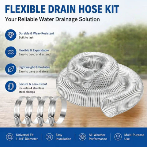 Flexible Drain Hose Kit with stainless steel clamps for water drainage solution, lightweight and portable design.
