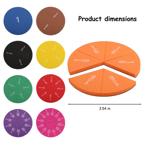 Magnetic Fraction Circles Set For Kids And Classrooms, 51 Pieces With 9 Color Coded Fractions From Whole To One Twelfth displayed with dimensions