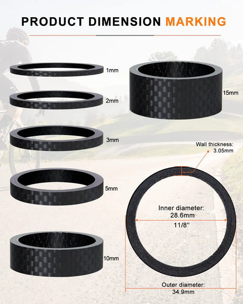Image showing Six Sizes Half One Three Five Ten Fifteen Mm Carbon Fiber Headset Spacers Matte Finish Lightweight Precision Fit with dimensions for 1 1/8 inch stems.