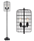 65 Inch Industrial Floor Lamp With Black And Silver Finish, Two Light Wire Cage Drum Shade Standing Lamp For Living Room