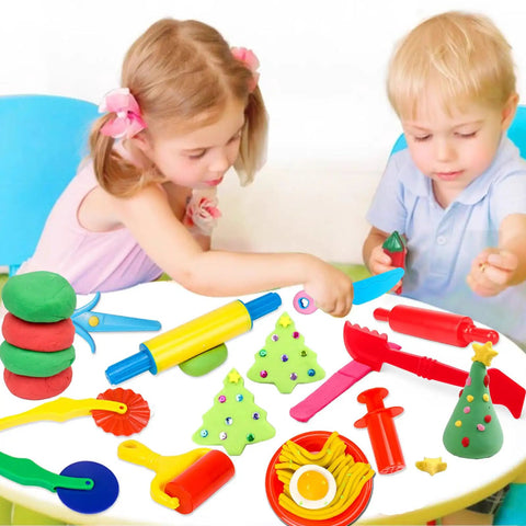 Children playing with 9-Piece Dough And Clay Tools Starter Set for Kids with rollers, pizza cutter, rolling pins, and dough extruder.