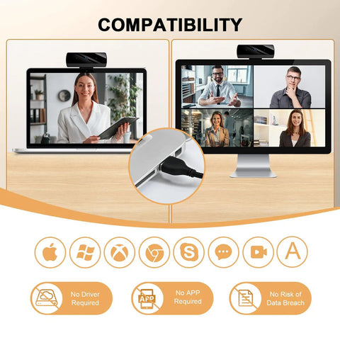 Plug And Go 1080P Webcam With Built In Mic And Hd Light Correction for laptop and desktop video calls compatibility display.