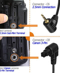 Connector compatibility of 2.5mm and 3-Pin on Canon cameras for Wireless Shutter Remote Control For EOS RP R6 R5 5D Series 7D Series 6D II And More One Touch Wireless Camera Release With Interval Delay Bulb Modes Lightweight Compact Slick Pairing For DSLR And Mirrorless
