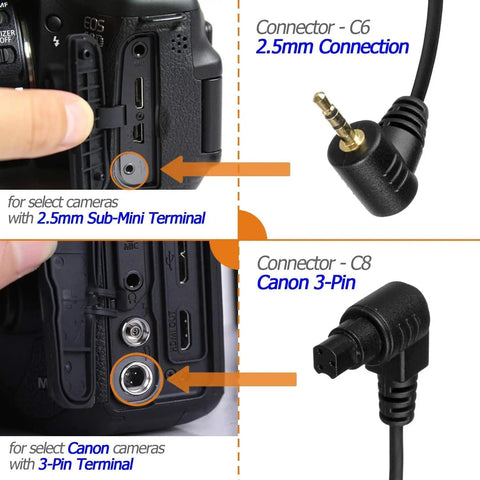 Connector compatibility of 2.5mm and 3-Pin on Canon cameras for Wireless Shutter Remote Control For EOS RP R6 R5 5D Series 7D Series 6D II And More One Touch Wireless Camera Release With Interval Delay Bulb Modes Lightweight Compact Slick Pairing For DSLR And Mirrorless