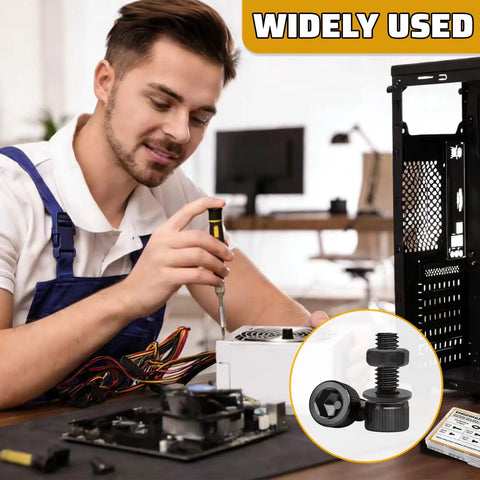 Man assembling PC with 500 Piece M3 Screws Set With Hex Socket Head Bolts Nuts Washers For DIY And 3D Printer Builds in focus