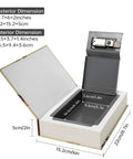 Open hollow book safe with hidden compartment and combination lock, 8.7x6x2 inches, showing dimensions for valuables storage.