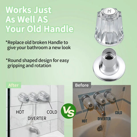 2 Piece Shower Handle Remodel Kit For Verve Faucets - Easy Install, clear acrylic hot and cold handles before and after