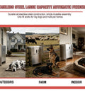Built Tough Stainless Steel Dog Feeder For Large Breeds 50 Pound Automatic Kibble Dispenser with outdoor, farm, and indoor setups.