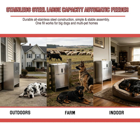Built Tough Stainless Steel Dog Feeder For Large Breeds 50 Pound Automatic Kibble Dispenser with outdoor, farm, and indoor setups.