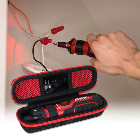 Heavy Duty Hard Shell Protective Case For Rechargeable 4V Cordless Screwdriver Tool Organizer, shown with screwdriver and tools inside.