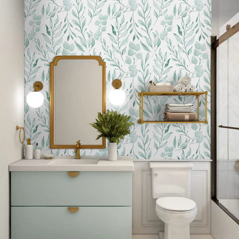 Green Leaf Floral Peel and Stick Wallpaper Self Adhesive Wall Covering 17.7 x 394 Inches in modern chic bathroom decor