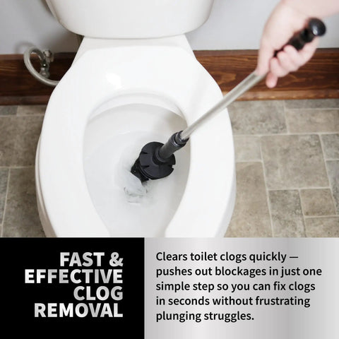 Revolutionary Toilet Plunger And Squeegee Combo With Stainless Steel Handle And Caddy Holder, Drain Cleaner And Clog Remover, Dredge Tool For Faster Clears, Black One Pack No Fuss Bathroom Hack in use in a toilet bowl.