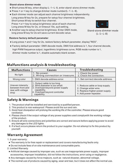 Instructions for Four Channel DMX512 Constant Voltage RGB And RGBW Decoder And Din Rail Mounted Dimming Controller.
