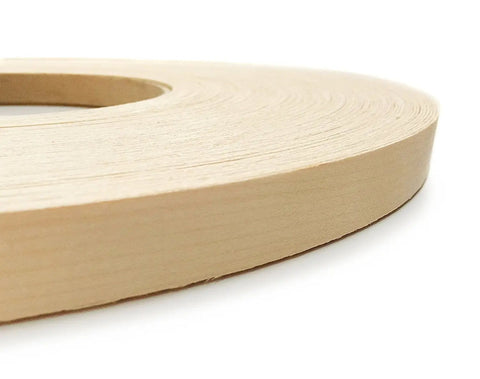 Close-up of Birch Veneer Edge Banding Tape 2 Inch Wide By 250 Foot Roll Pre Glued Iron On Wood Veneer Pro Grade Hot Melt Adhesive Smooth Sanded Finish Ideal For Furniture Cabinets Shelves And DIY Projects Made In USA