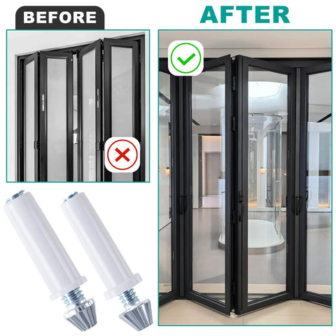Four Pack Bi Fold Door Bottom Pivot Kit For Closet Sliding Doors, Heavy Duty White Pivots shown with before and after usage