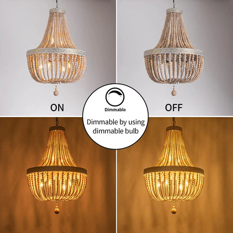 Six Light Farmhouse Boho Wood Bead Chandelier Modern Natural Wooden Beaded Pendant Light Fixture E12 with dimmable bulb option