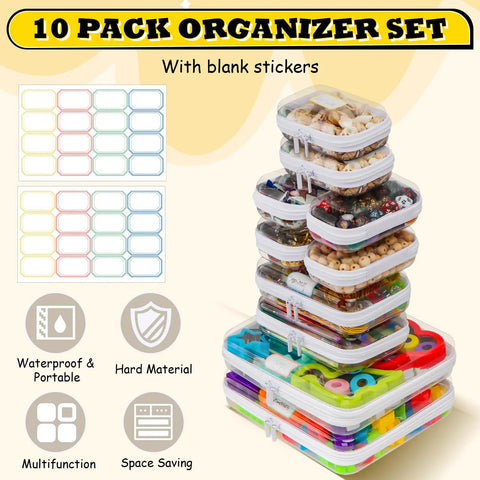 Stack of 10 clear hard shell zipper cases with blank stickers and varied contents, showcasing multifunctional storage solutions.