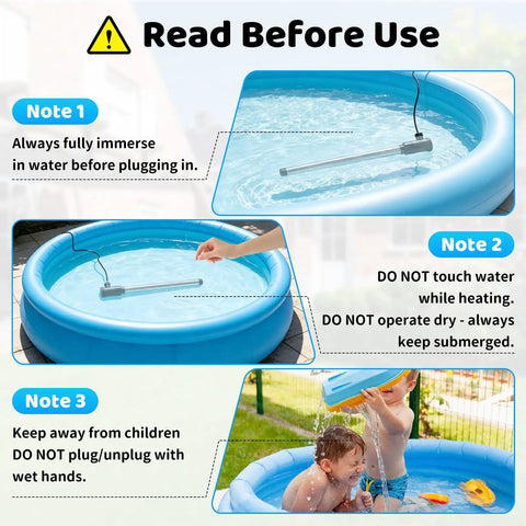 Beefed Up 3500W Immersion Water Heater Dishes Out Insta Hot Water For Bathtub Stock Tank Or Pond Hookups With Zero Fuss Plug And Play Auto Temp Lock System in use with safety notes.