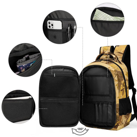 Raccoon Printed Unisex Backpack with compartments open, showing large capacity, durable polyester, ideal for school and travel.