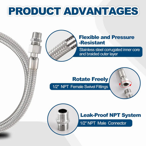 Heavy Duty Industrial Air Compressor Jumper Hose One Half Inch NPT Male, Twenty Inch Length, stainless steel with fittings