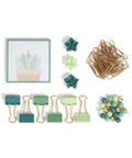 65-piece Succulent Garden Office Accessory Kit with sticky note pad, gold paper clips, sphere push pins, and succulent magnets