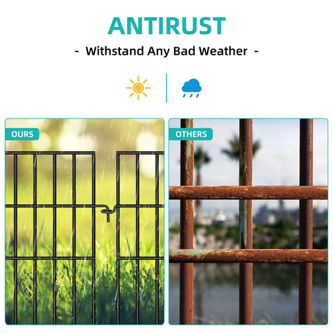 Comparison showing No Dig Animal Barrier Fence Kit With 25 Panels Measuring 17 Inches High And 27 Feet Long Garden Fence Border with rustproof metal against a rusted fence.
