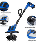 Cordless 20V Garden Tiller Cultivator with 8.7 inch working width and 300 RPM, showing heat dissipation holes and steel tines