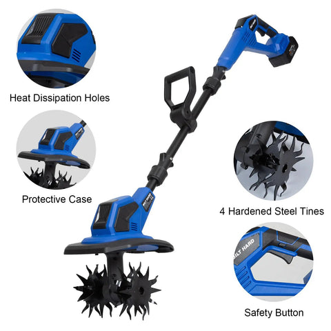 Cordless 20V Garden Tiller Cultivator with 8.7 inch working width and 300 RPM, showing heat dissipation holes and steel tines