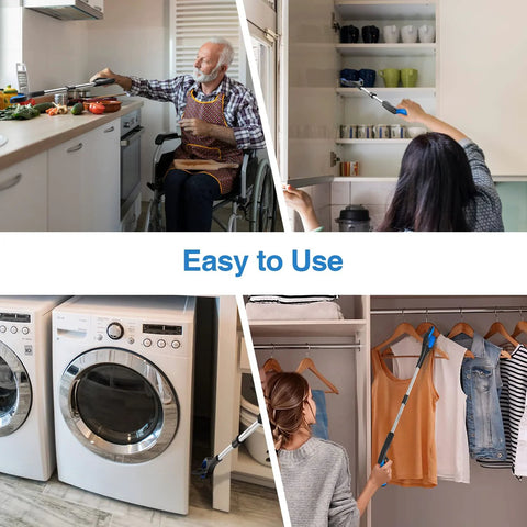foldable reacher grabber set used for home tasks like kitchen, laundry, and closet; easy to use for seniors and limited mobility.