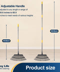 Two sizes of Heavy Duty Wide Garden Leaf Rake With Adjustable Long Handle For Yard And Lawn Cleanup, Ergonomic Rake Head With 25 Tines, Telescopes From Roughly 39 To 69 Inches, Tackles Leaves Fast And Easy, Easy Assembly, displayed to show height adjustment.
