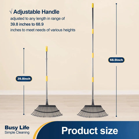 Two sizes of Heavy Duty Wide Garden Leaf Rake With Adjustable Long Handle For Yard And Lawn Cleanup, Ergonomic Rake Head With 25 Tines, Telescopes From Roughly 39 To 69 Inches, Tackles Leaves Fast And Easy, Easy Assembly, displayed to show height adjustment.