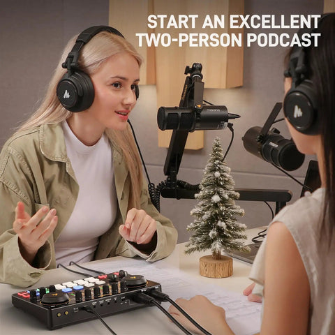 Two women using Podcast Gear Bundle With Dual XLR Inputs And USB C Audio Interface Mixer for a professional podcast setup