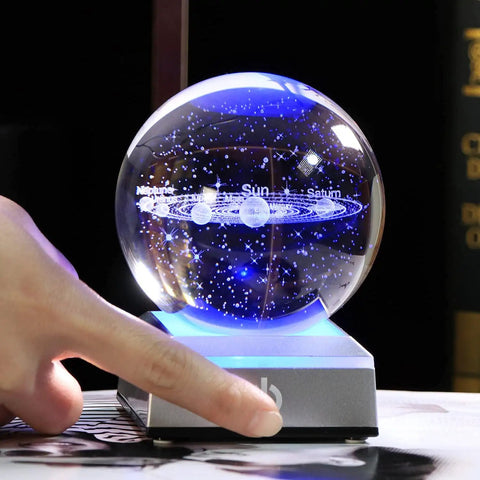 Stellar 80mm Solar System Crystal Ball Glass Sphere with 3D Laser Engraved Planets on LED base, K9 Crystal, blue glow