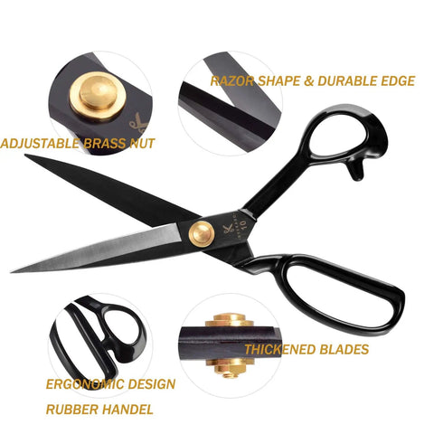 Heavy Duty Fabric Scissors 10 Inch Multi Purpose Sewing Shears for Fabric Leather Denim Canvas Cardboard and More with Sharp Stainless Steel Blades and Ergonomic Grips for Tailors and DIY Makers, black