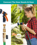Woman using a 4 Pack Garden Hose Quick Connectors Three Quarters Inch GHT Thread Brass Fittings No Leak Water Hose Adapters Set with nozzle.
